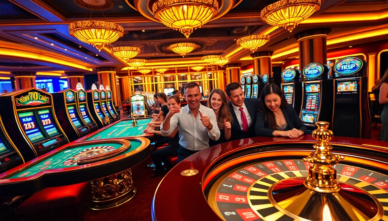 Engaging players experience thrilling games at 789P's luxurious casino, featuring vibrant tables and slot machines.