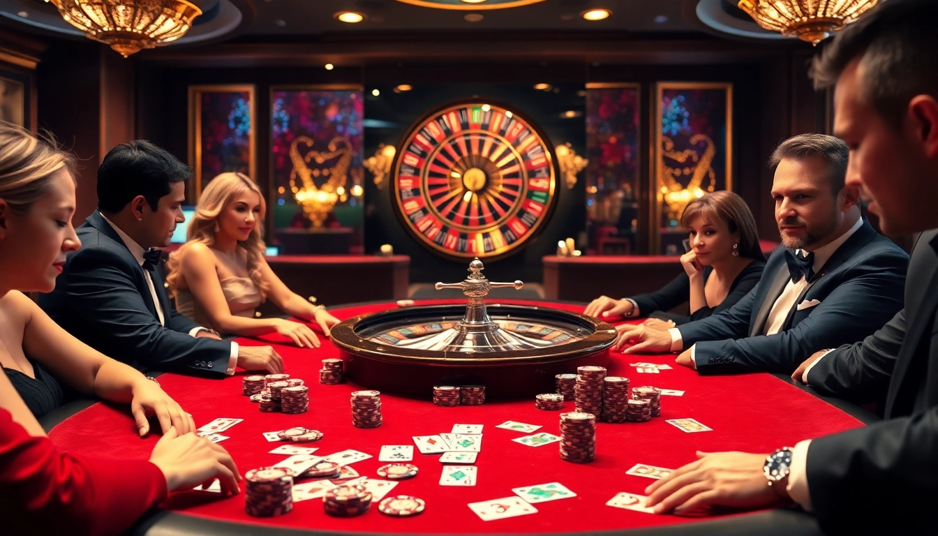 High-stakes poker game in a lavish casino highlighting 7m cn betting excitement.