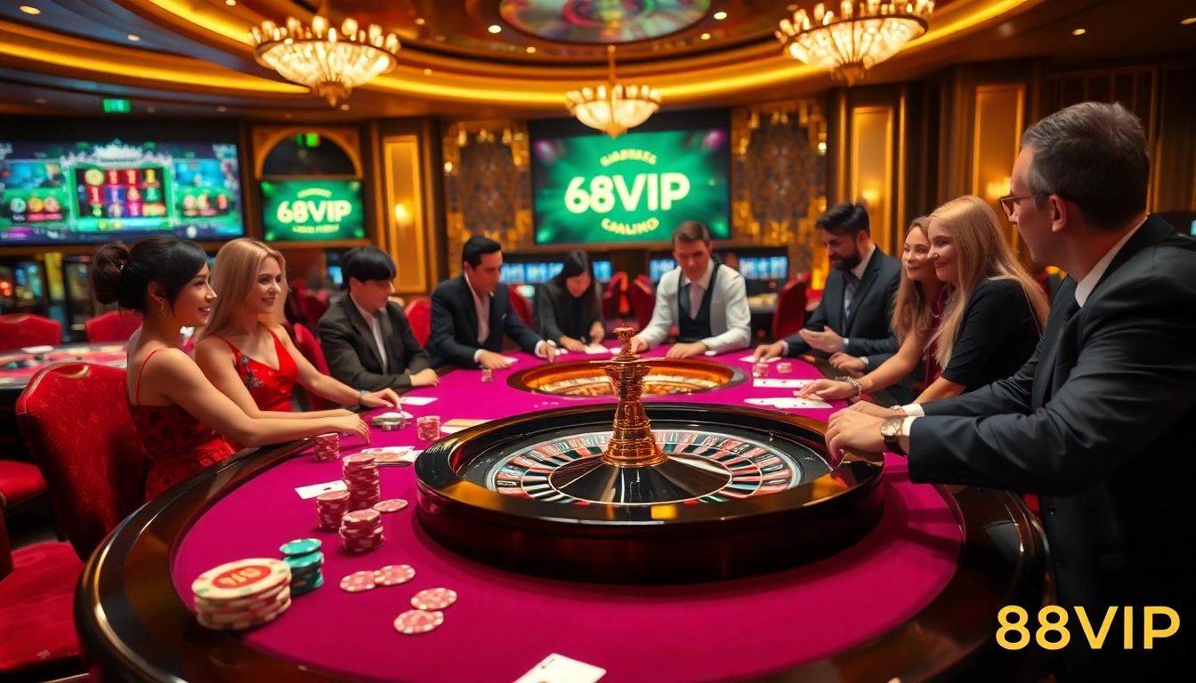 Experience the excitement of 68VIP with a stunning casino scene showcasing thrilling games and vibrant action.