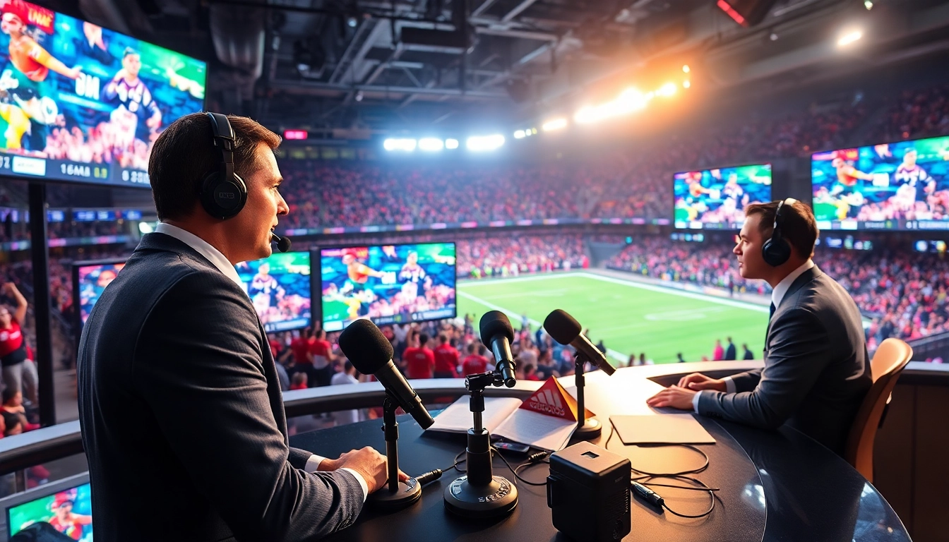Engaging sports broadcasting anchor presenting live events in a dynamic studio environment.