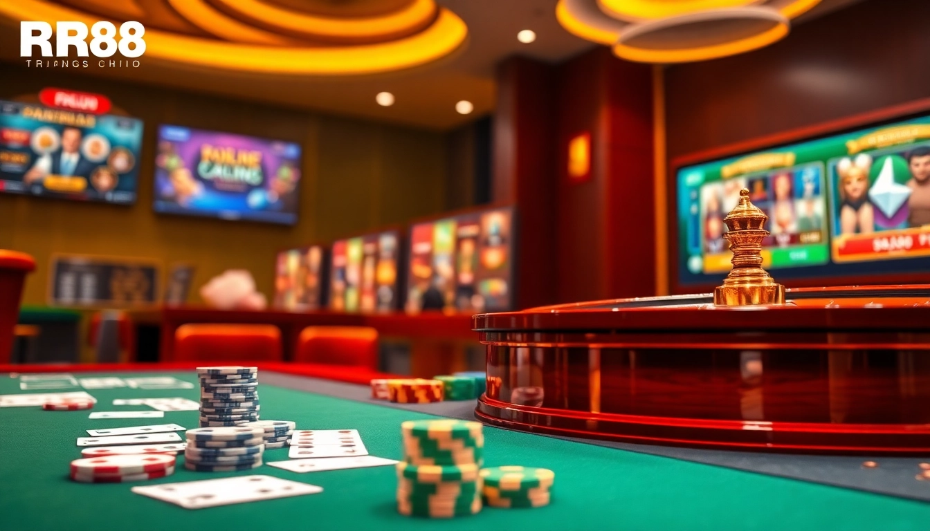 Online gambling excitement with RR88 Trang Chủ, featuring casino tables, poker chips, and dynamic gaming interface.