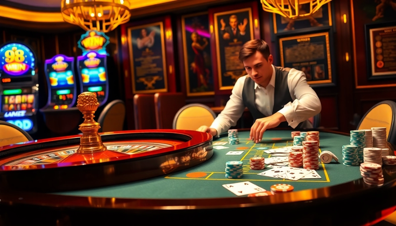 A player enjoys a thrilling moment at the 98 win roulette table, surrounded by vibrant casino elements.