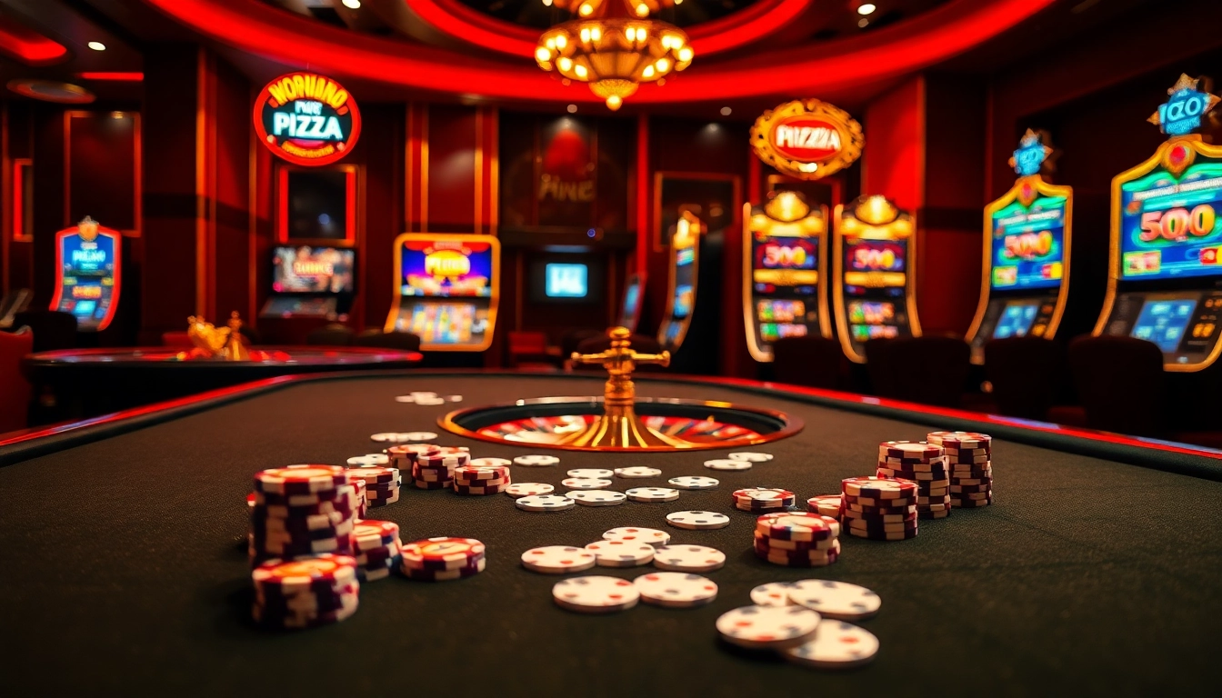 Experience the excitement of gambling at jun88.pizza with luxurious casino settings featuring poker chips and roulette wheels.