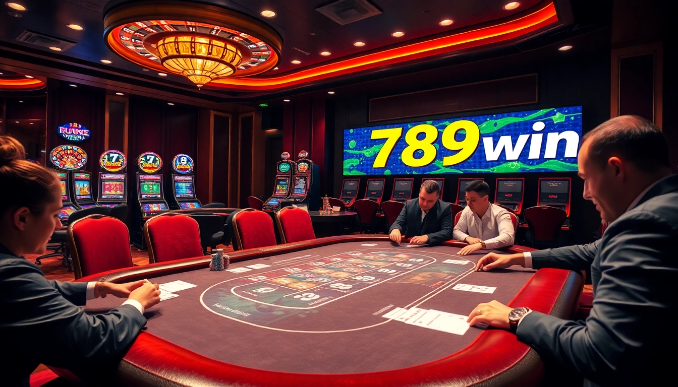 Players enjoying a high-stakes game at a luxurious casino table showcasing 789win excitement.