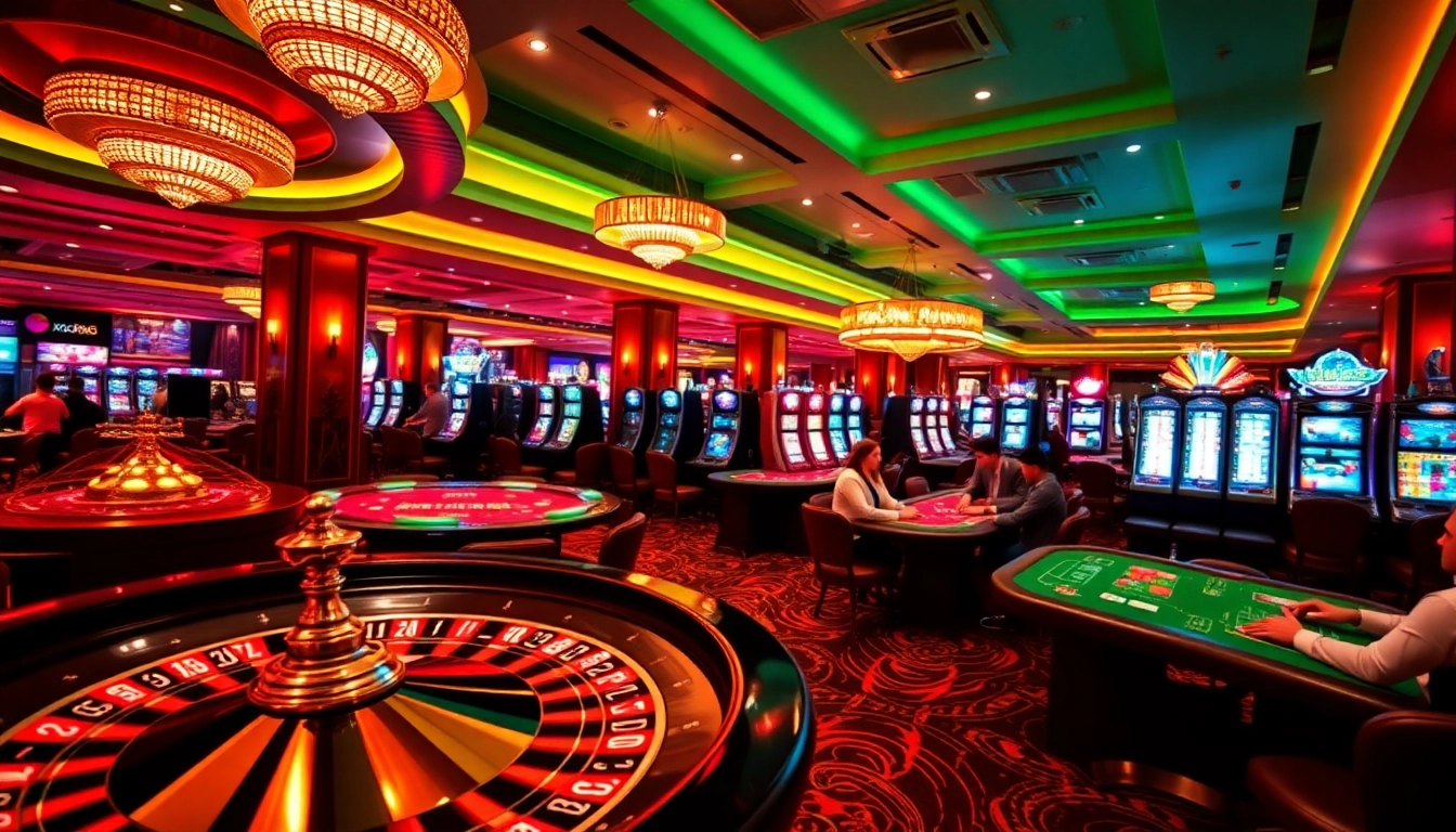 Experience winning strategies at Xoso66 with lively casino gaming tables and vibrant slot machines.