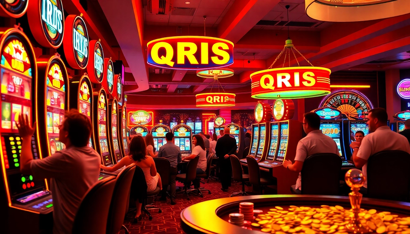 Excited players enjoying slot qris with bright machines and vibrant casino atmosphere.