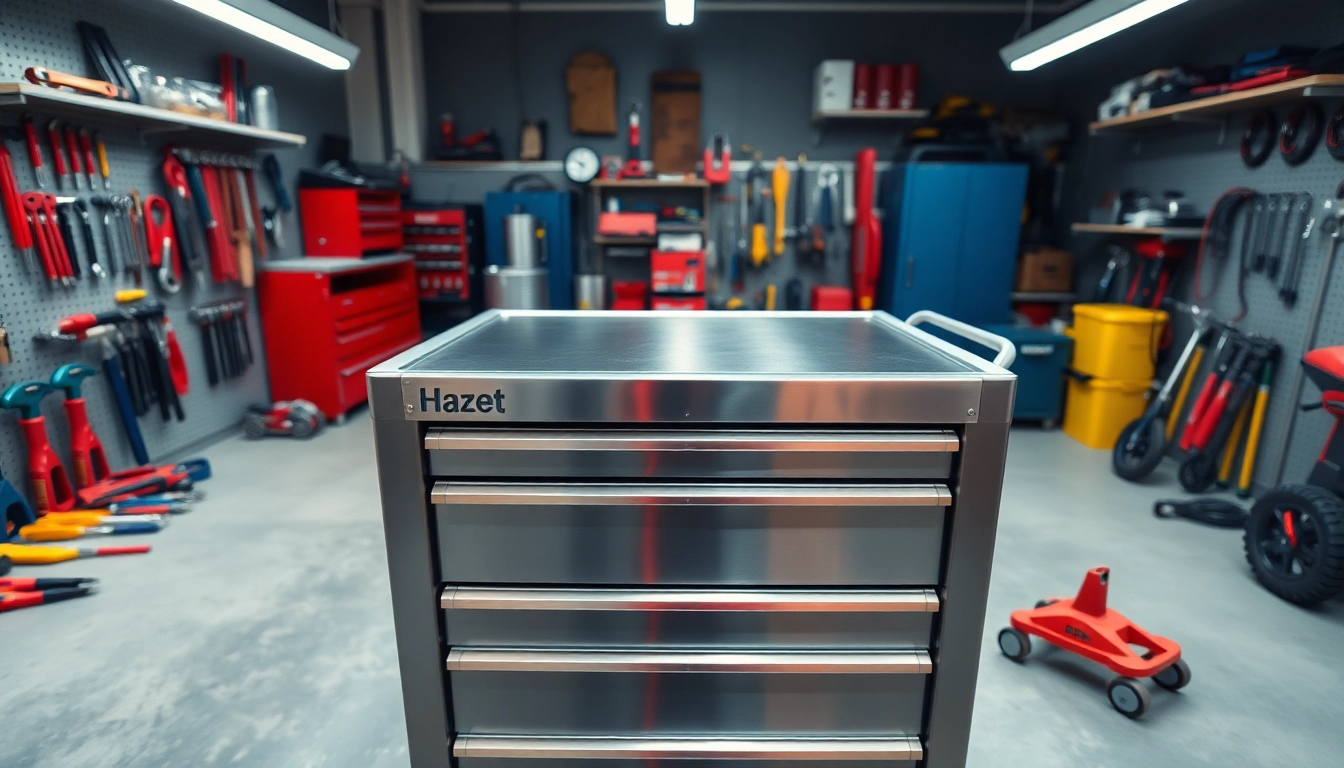 Hazet tool trolley organized with professional tools in a modern workshop.
