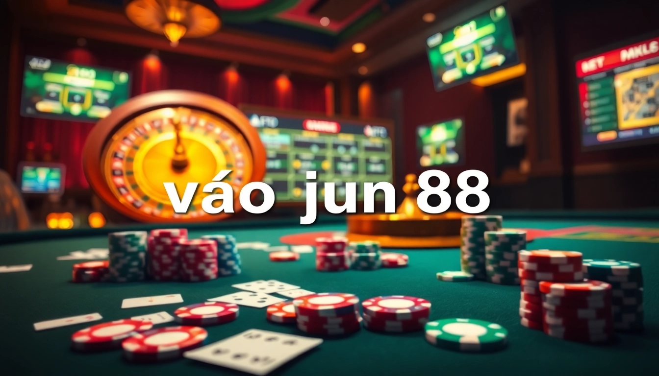 Engage with link vào jun88 in a vibrant online casino scene featuring poker chips and a roulette wheel.
