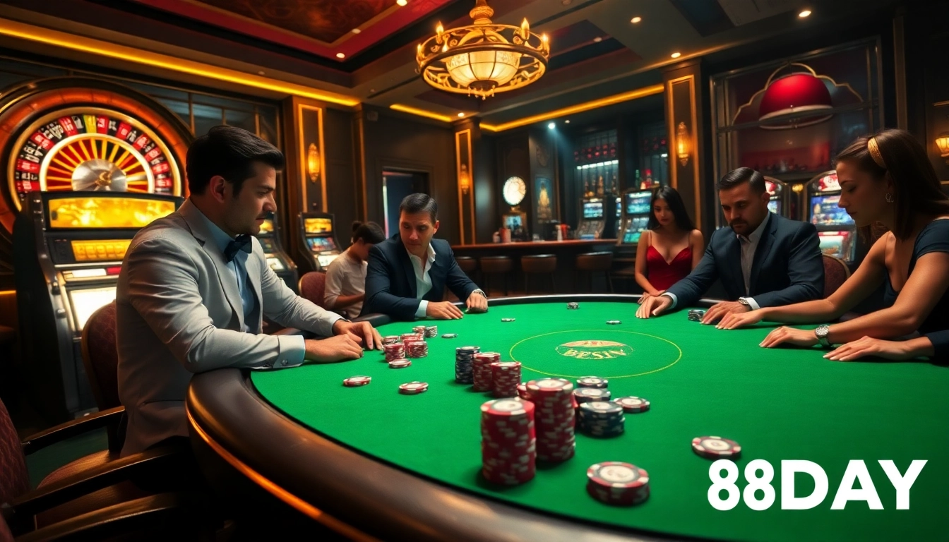 Experience high-stakes action at the luxurious 8DAY casino with poker chips and a roulette wheel.