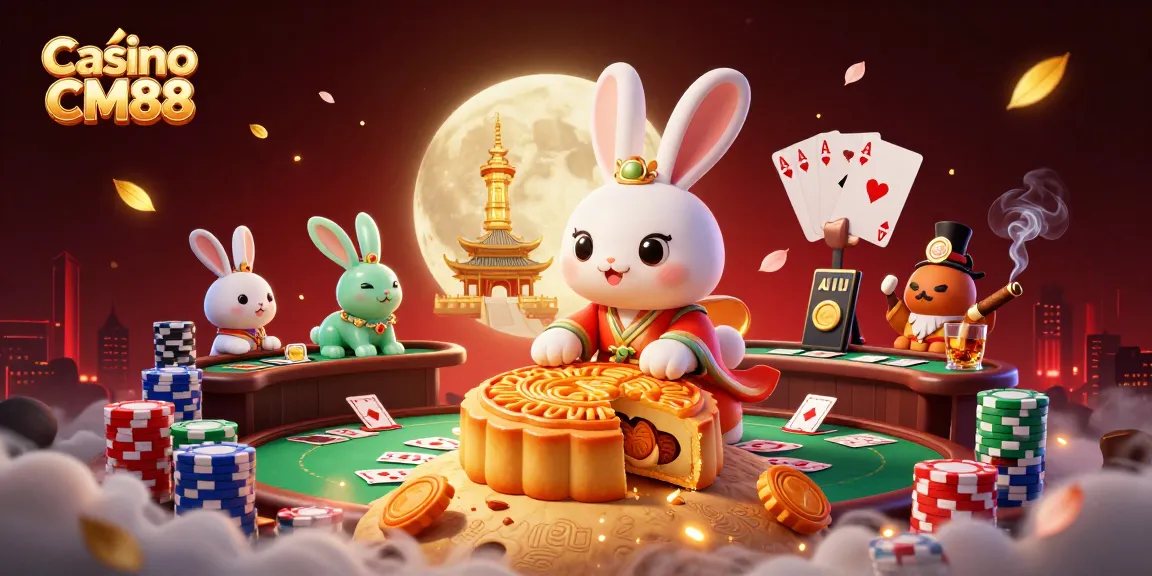 Experience Casino CM88 with a vibrant 3D scene featuring a folklore moon rabbit amidst poker elements.