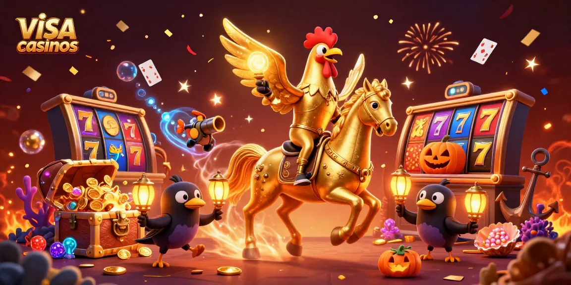 Spin to win at visa casinos with the golden rooster riding a spectral horse in a vibrant casino.