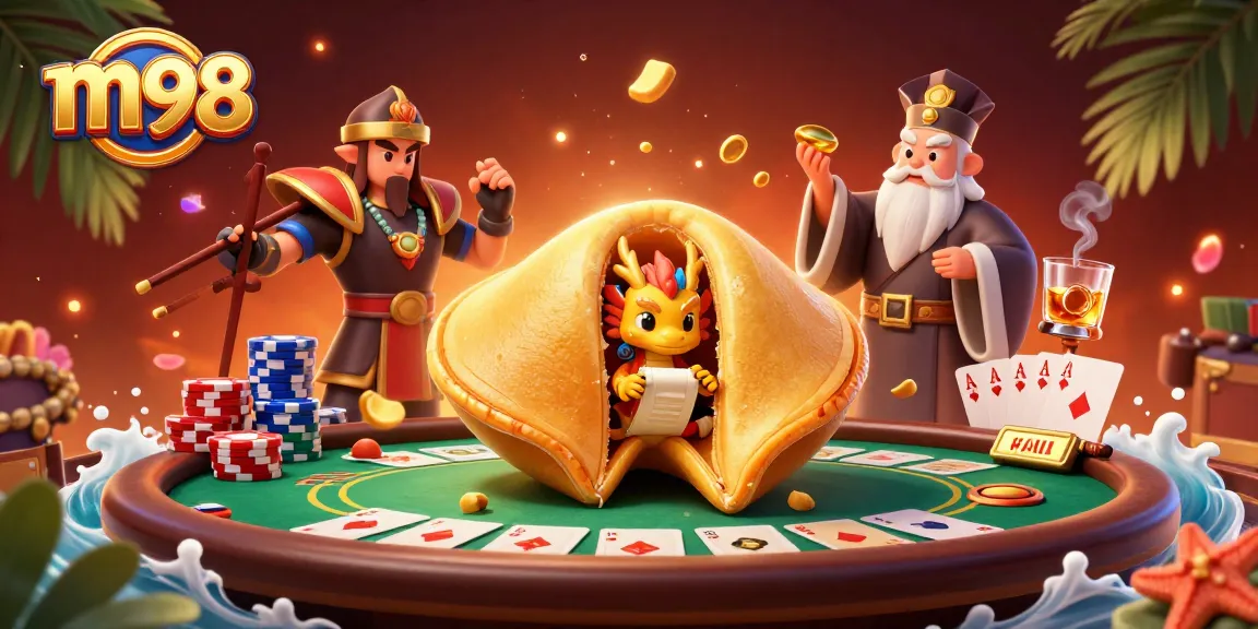 M98 players enjoy thrilling poker action with golden fortune cookie characters and engaging game elements