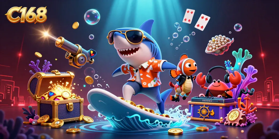 C168 offers a thrilling experience with a shark surfing on coins, showcasing exciting casino games.