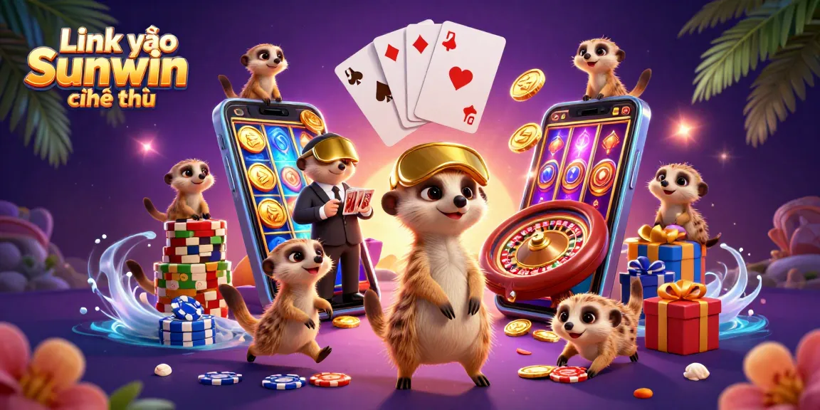 Link vào Sunwin chính thức showcases meerkats in a vibrant casino setting filled with games and excitement.