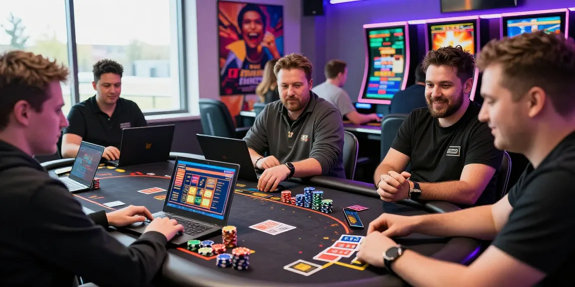 Players enjoying credit card casinos UK with laptops and colorful game displays in a lively atmosphere.
