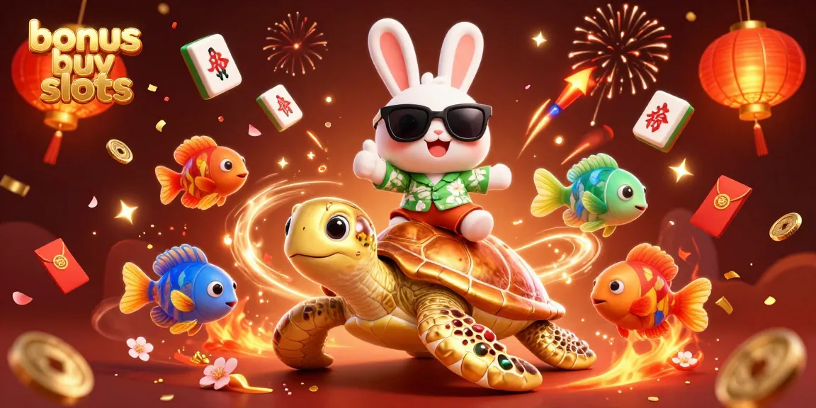 Experience thrilling bonus buy slots with the lucky rabbit and golden turtle in this colorful casino scene.