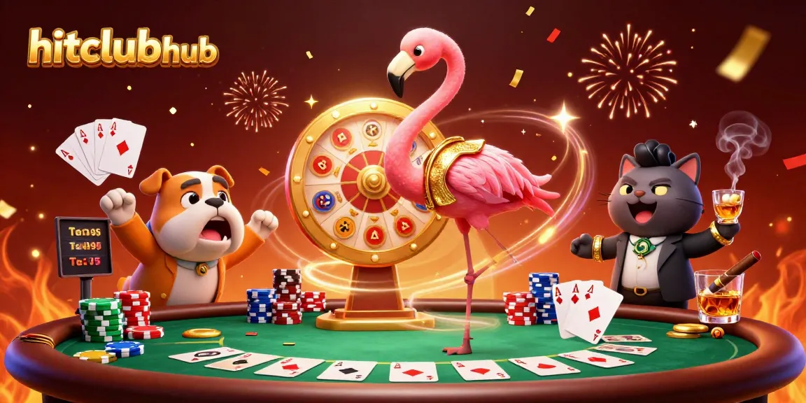 Exciting gameplay at hitclubhub with flamingo host and bulldog contestant celebrating big wins.