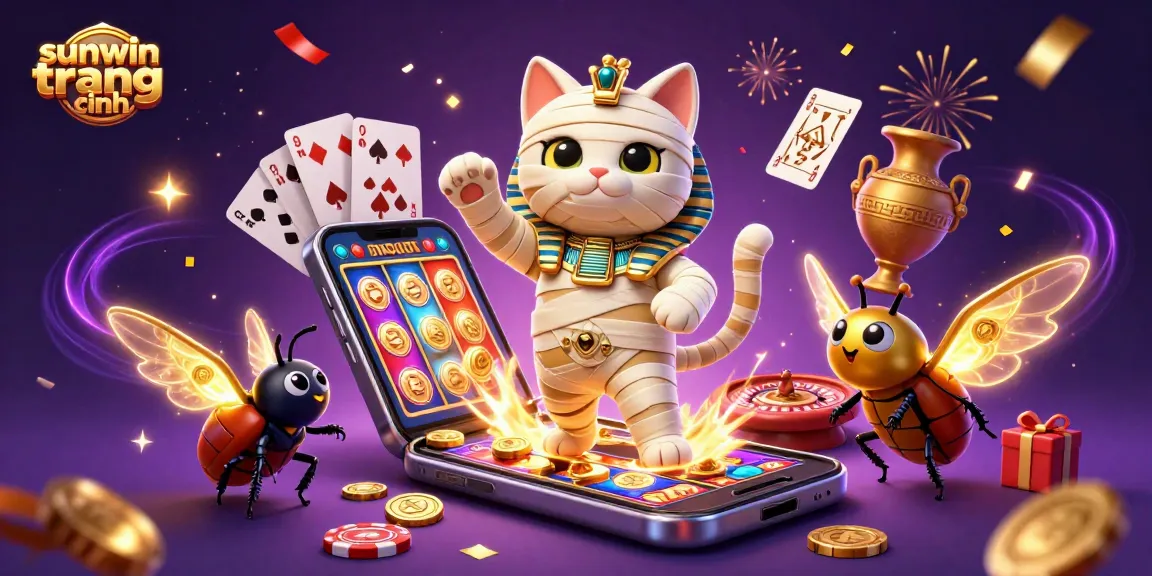 Experience sunwin trang chính with an exciting 3D casino scene featuring a mummy cat and slot games bursting with rewards.