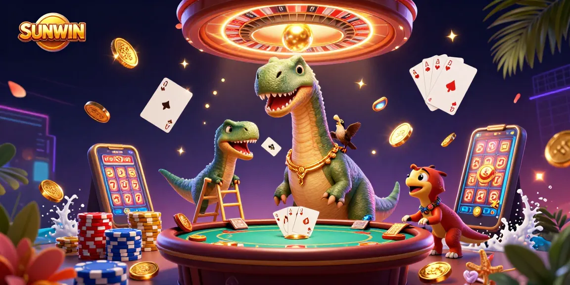 SUNWIN offers a vibrant casino experience with a cartoon brontosaurus and raptor dealer amidst golden coins.