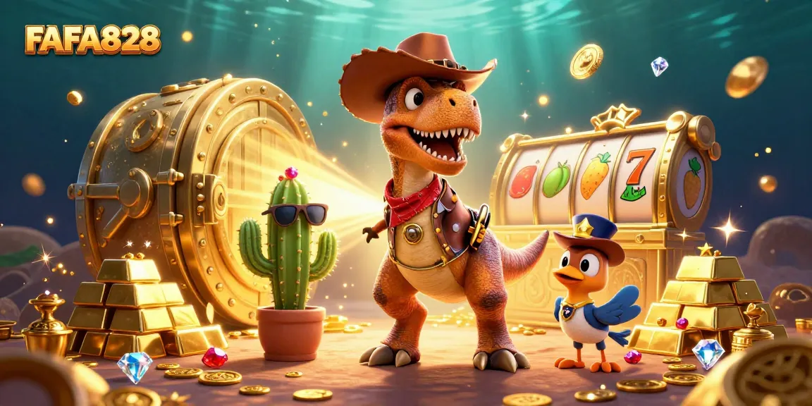 Play slots with FAFA828 in an engaging 3D scene featuring vibrant characters and treasures.