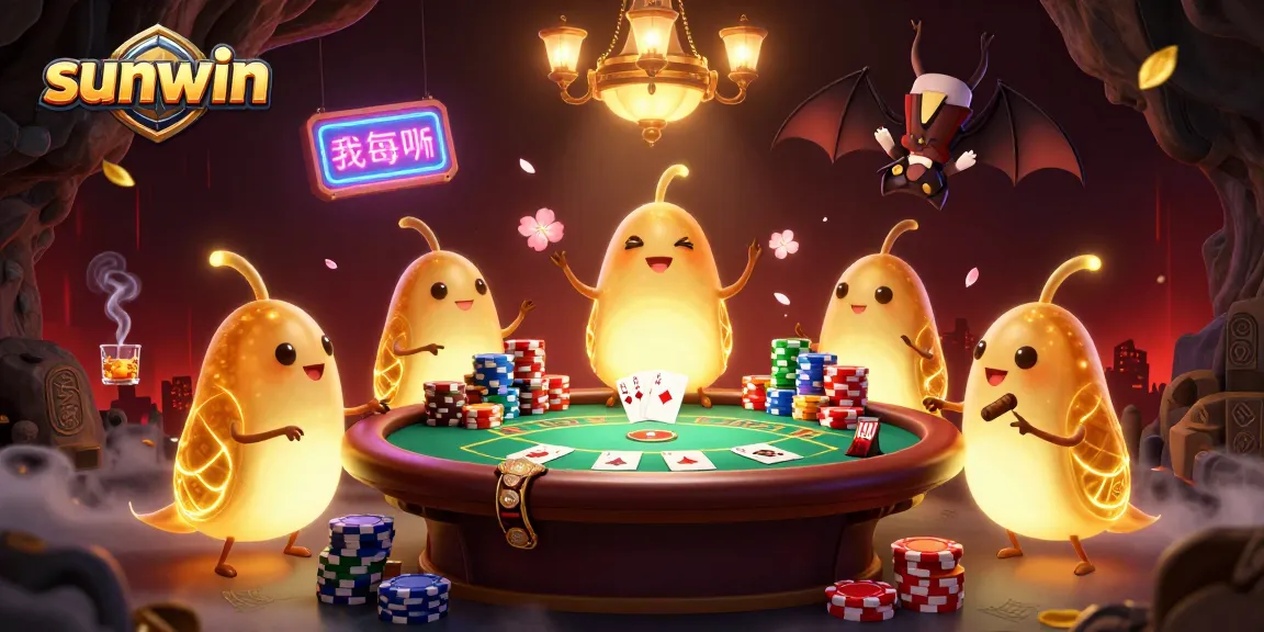 Experience the vibrant casino scene of sunwin with glowworms illuminating a dynamic poker table.