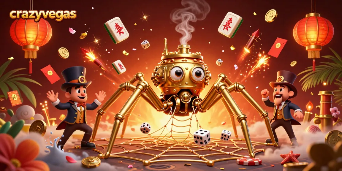 Experience thrilling gameplay with crazyvegas as a steampunk spider catches dice in a golden web.